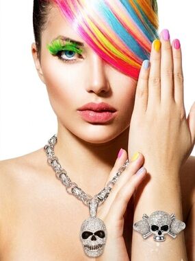 Rhinestone Skull Necklace & Bracelet - Styled Set, Heavy Silver Tone Biker Glam